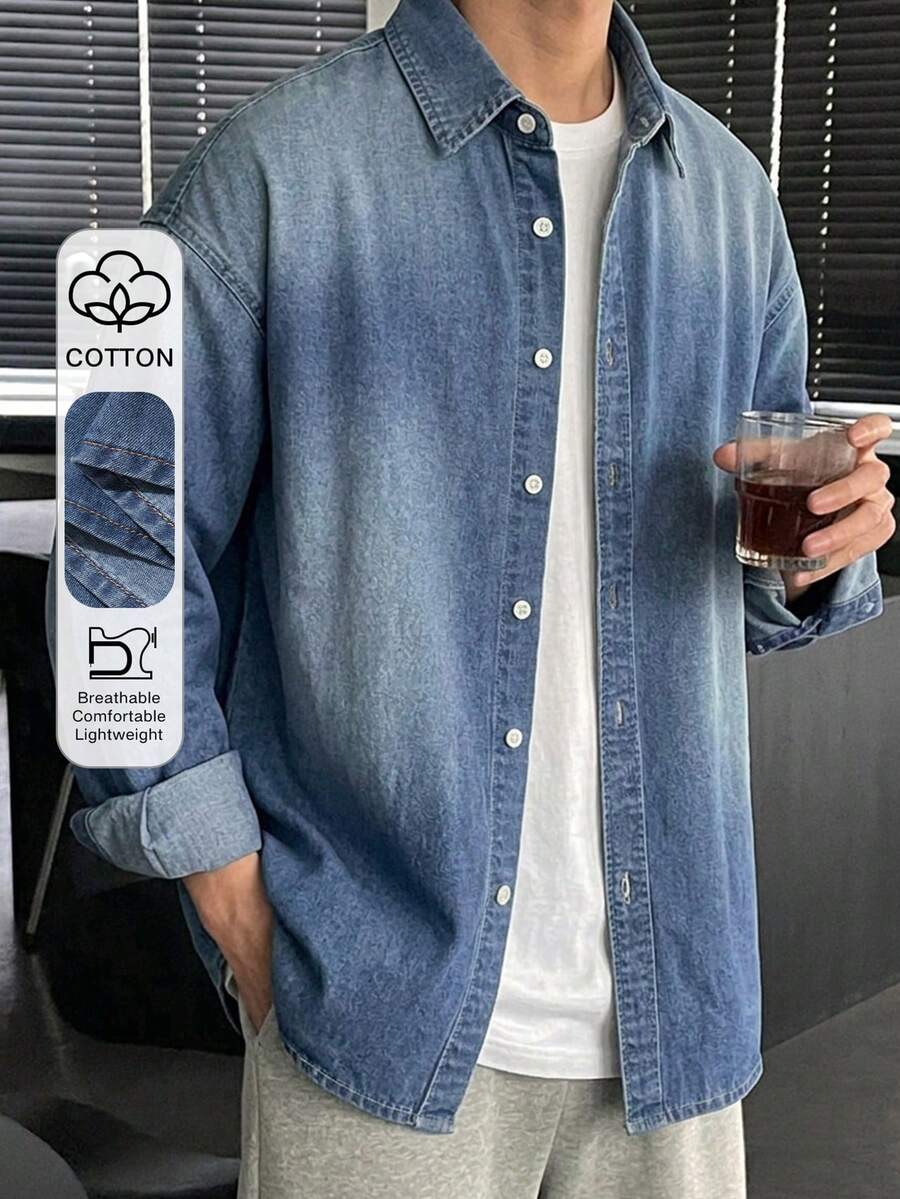 DAZY Kemeja Denim Kasual Lengan Panjang Kancing Tunggal untuk Pria Musim Gugur - Biru - View 1