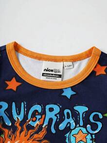 Nick 90s | SHEIN Baby Boy Cartoon Print Round Neck Short Sleeve Romper - Navy Blue - View 3
