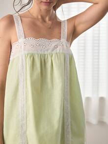 Ocili 100% Pure Cotton Bohemian Embroidered Comfortable Water-Soluble Lace Minimalist Women's Loungewear Set - Green - View 4