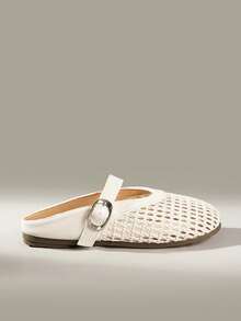 Solecia Zapatillas tipo mule de verano, transpirables, de tejido calado, punta redonda, suela plana, estilo retro casual, para ir al trabajo, compras y uso diario - Beis - Ver 3