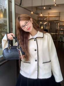 DAZY Women's Autumn/Winter Colorblock Trim Overcoat School - Apricot - View 8