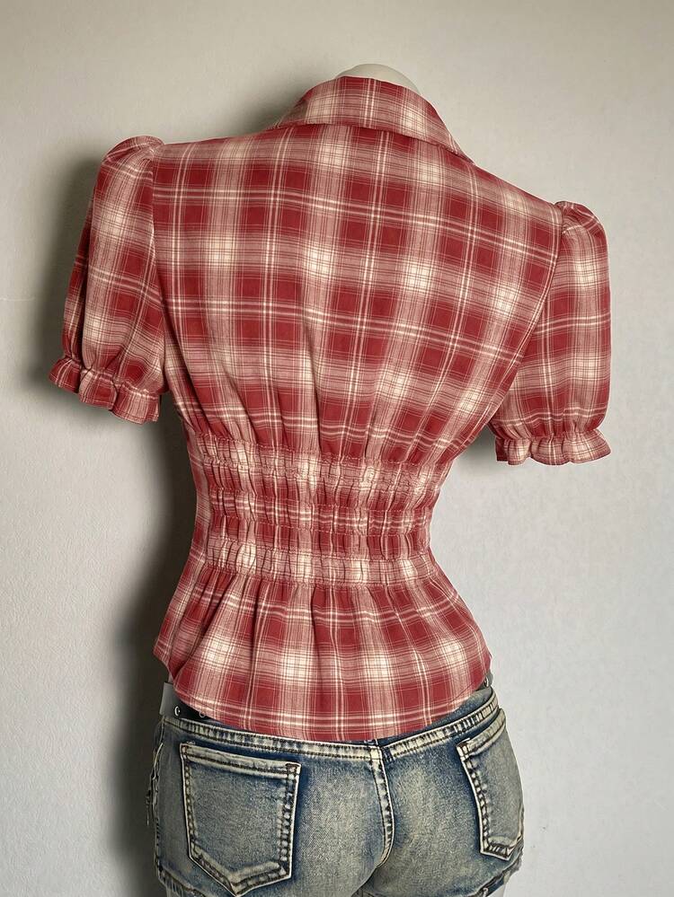 Attitoon Women's Plaid Short Petal Sleeve Single-Breasted Casual Shirt - Red - View 2