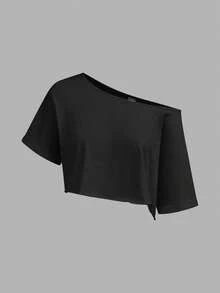 SHEIN EZwear 女款 95% 棉單肩寬領針織 T-shirt 3 件組 黑色，寬鬆，夏季工作基本款 - 彩色 - 查看 9