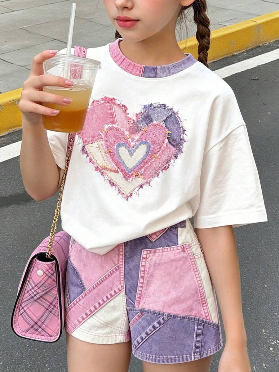 兒童青少年女孩休閒簡約卡通圖案短袖T恤與短褲兩件套,適合夏季 - 彩色 - 查看 1