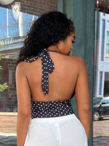Alexandranx Black Polka Dot Print Casual Halter Neck Top, Suitable For Brunch, Outings, Dates, Commute, Cruise, Ibiza Summer - Black - View 2