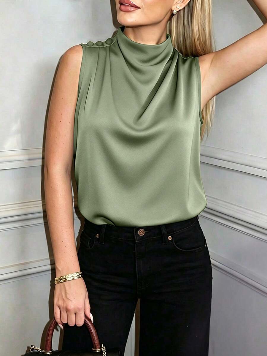 SHEIN Clasi 女士纯色褶皱领无袖时尚衬衫 - 橄欖綠 - 查看 1
