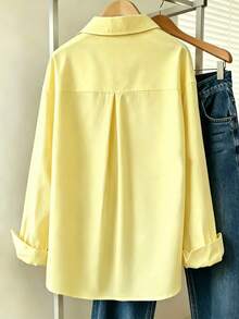 INAWLY Kemeja Kasual Wanita Lengan Panjang Kancing Tunggal Warna Polos - Kuning - View 2