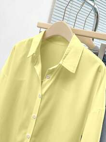 INAWLY Kemeja Kasual Wanita Lengan Panjang Kancing Tunggal Warna Polos - Kuning - View 3