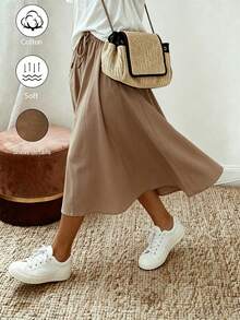 Breezaya Rok Kasual Wanita Ukuran Besar Warna Polos dengan Tali Pinggang dan Saku - Khaki - View 6