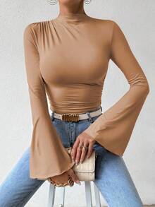 Rafferiza 女款秋季棕色立領修身百搭日常穿著喇叭袖連身內衣 夜店外出穿搭 棕色系 性感 - 卡其色 - 查看 5