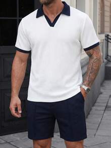 Manfinity CasualCool 男士紋理多色成熟休閒 Polo 衫套裝，適合度假、日常穿著、約會，送給丈夫或男友的禮物 - 彩色 - 查看 6