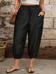 EMERY ROSE Plus Size Casual Tapered Leg Drawstring Waist Side Patch Pockets Cropped Pants - Black - View 7