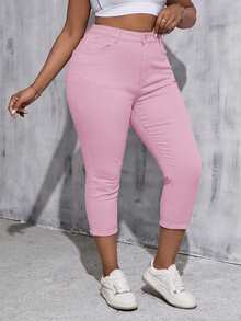 SHEIN Tall CURVE 女款大尺碼白色丹寧彈性緊身九分褲 - 粉色 - 查看 6