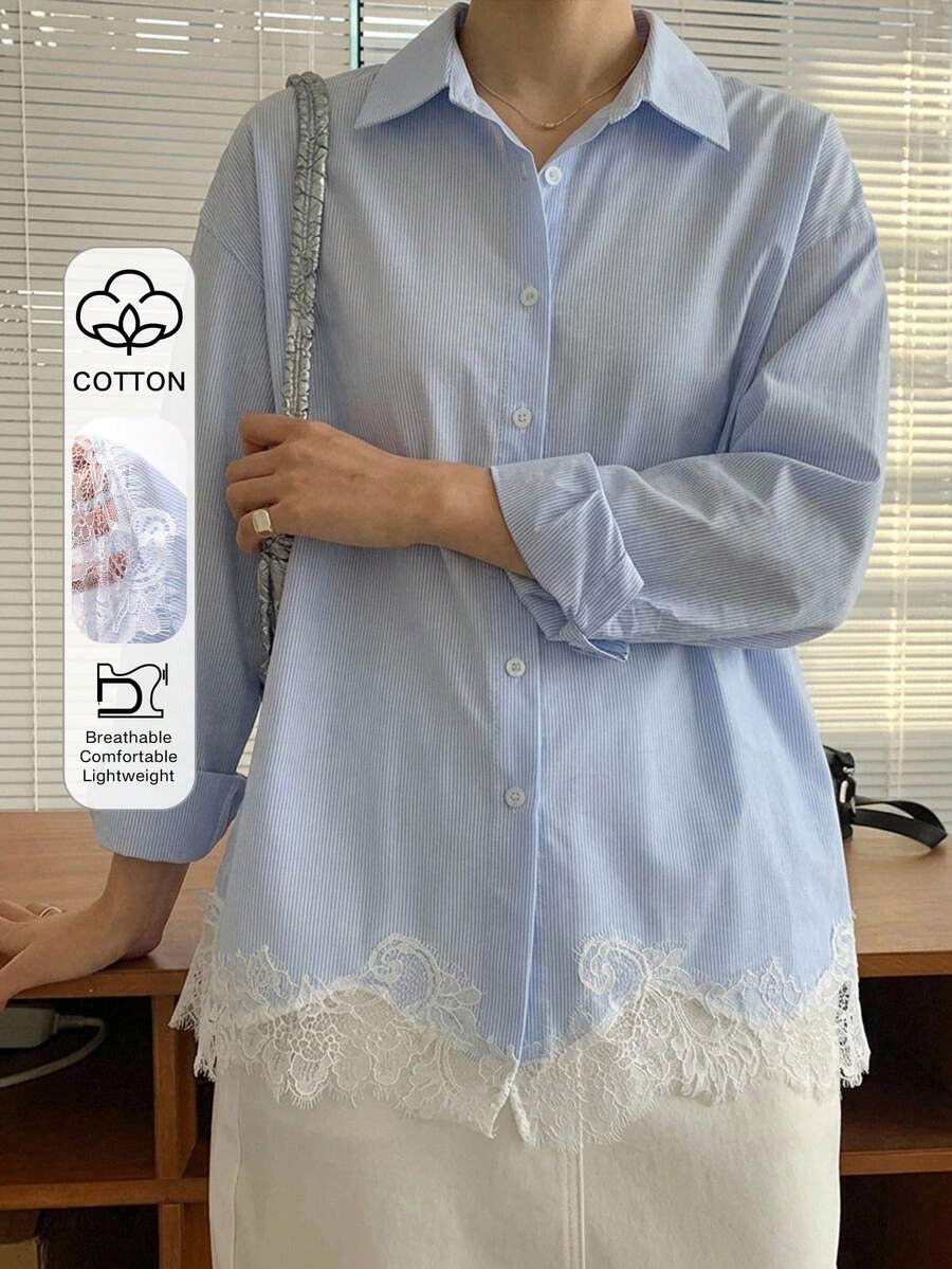 DAZY 蕾絲拼接條紋長袖襯衫 - 藍色 - 查看 1