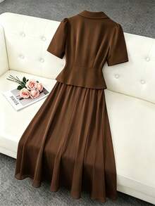 Modelyn Plus Size Women's Solid Color Fashion French Style Casual Daily Dress - Brown - View 2