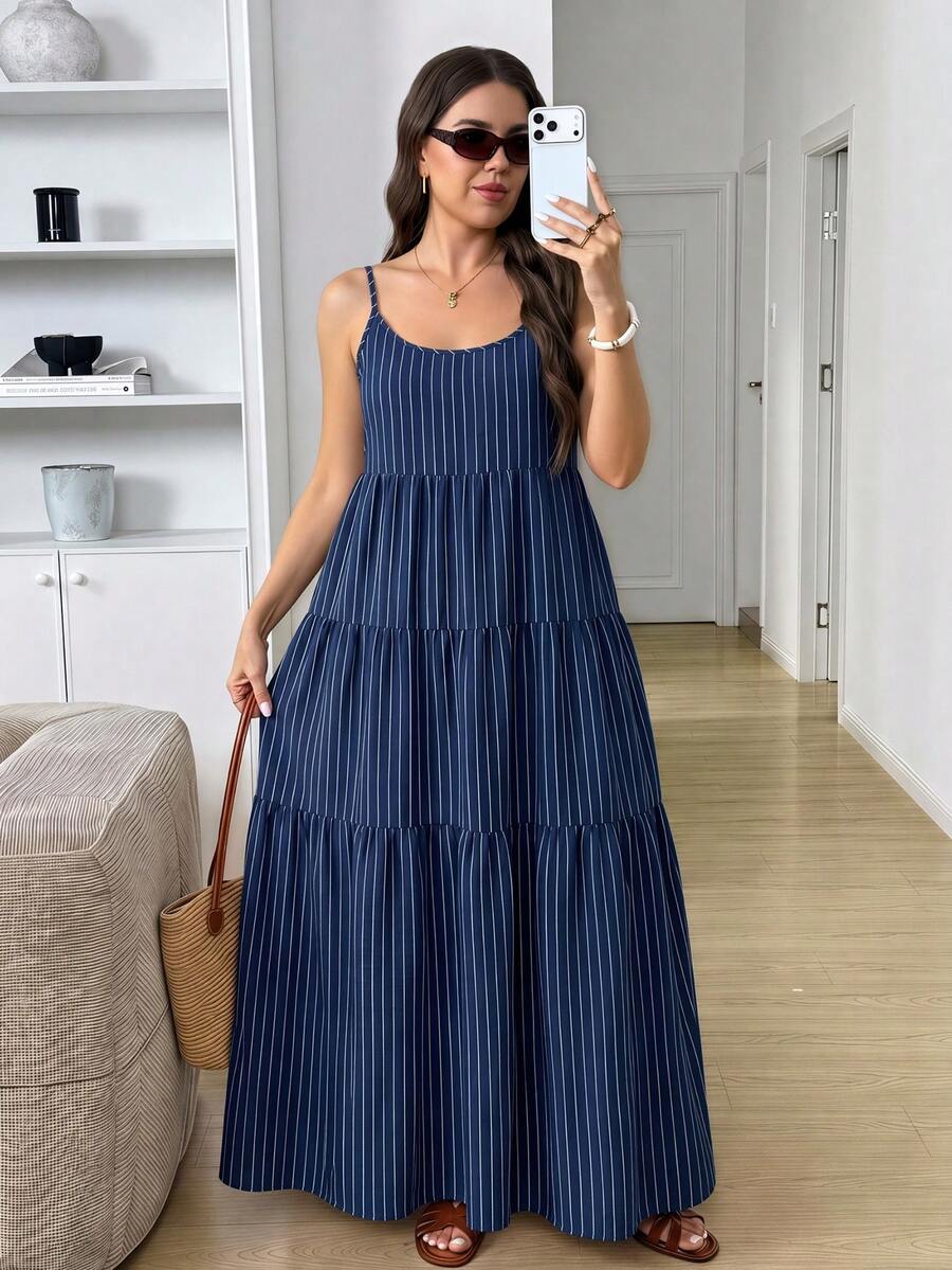 Comfylo Striped Plus Size Women's Pleated Casual Party Travel Spaghetti Strap Dress - Multicolor - View 1