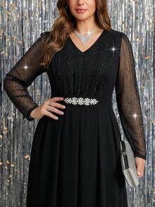 Reflora Plus Size Women V-Neck Lace Patchwork Rhinestone Decor Casual Daily Wear Jumpsuit - Black - View 4