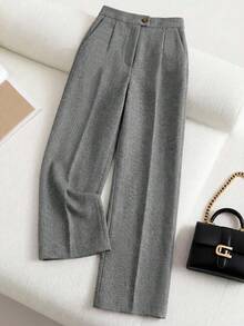 Franclia Plus Size Women's Fashion Minimalist Commuter Brown Slim Fit Long Trousers, Autumn/Winter - Dark Grey - View 3