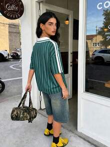 Muchica Women's Jersey Striped Contrast Color Letter Print Button Placket T-Shirt Back-To-School School Green Striped Summer Streetwear - Army Green - View 2