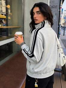 Muchica Contrast Color Light Grey Knit Cardigan For Women - Light Grey - View 2