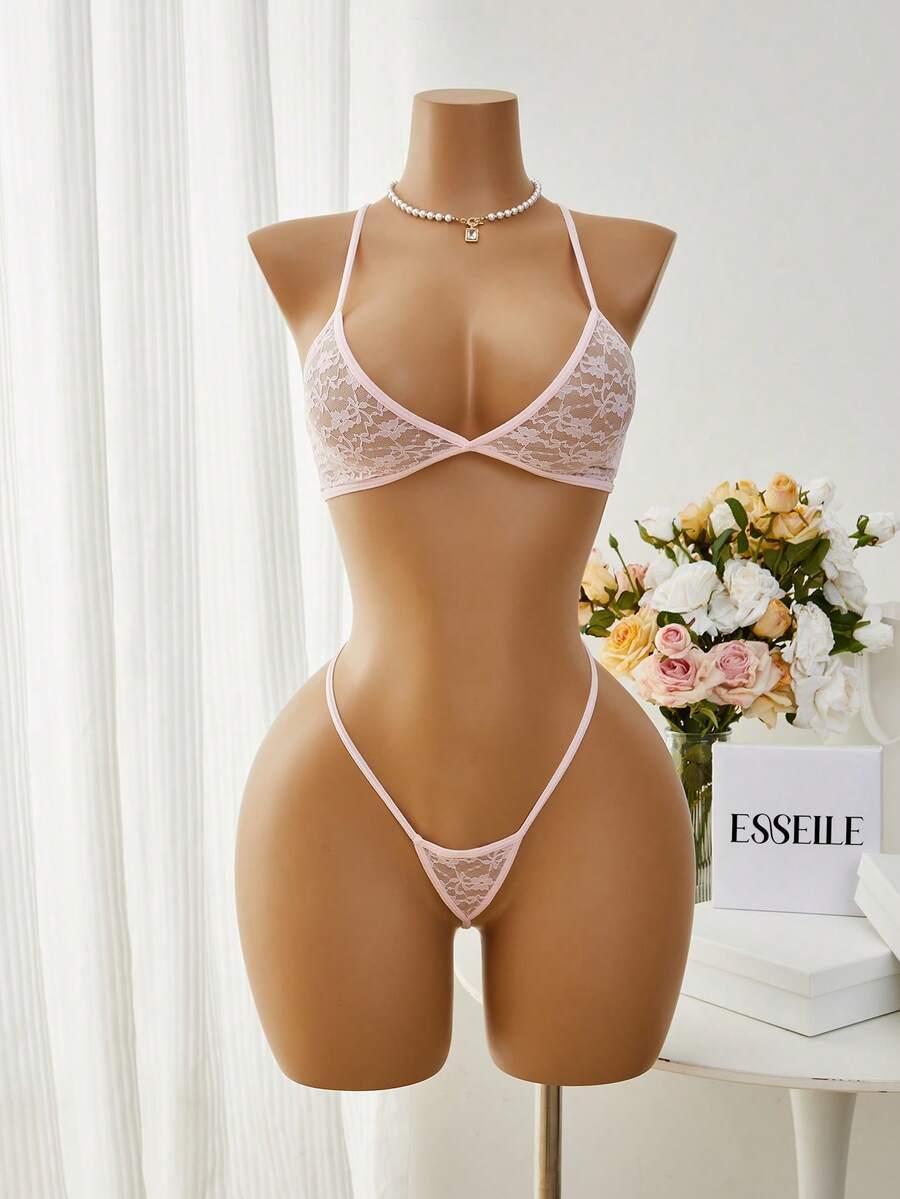 Women Spaghetti Strap Backless Criss-Cross Crop Top & Thong Lingerie Set - Pink - View 1
