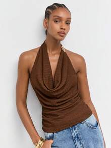 Maija Women's Summer Sexy Elegant Solid Color Cowl Neck Backless Halter Top, Off The Shoulder Top, Going Out Date Night Night Out Outfits Coffee Brown - Brown - View 10