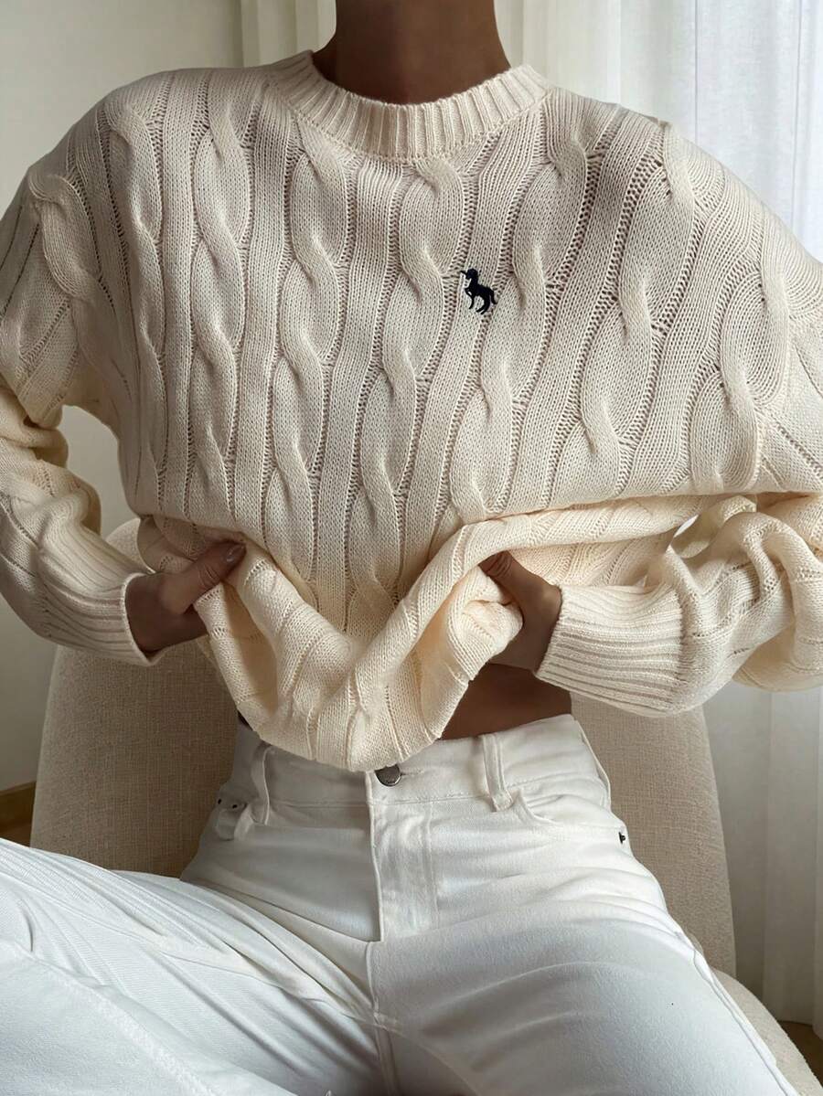 DAZY 女款圖案刺繡扭繩針織寬鬆長袖圓領休閒老錢風優雅套頭毛衣,春秋校園風 - 杏色 - 查看 1