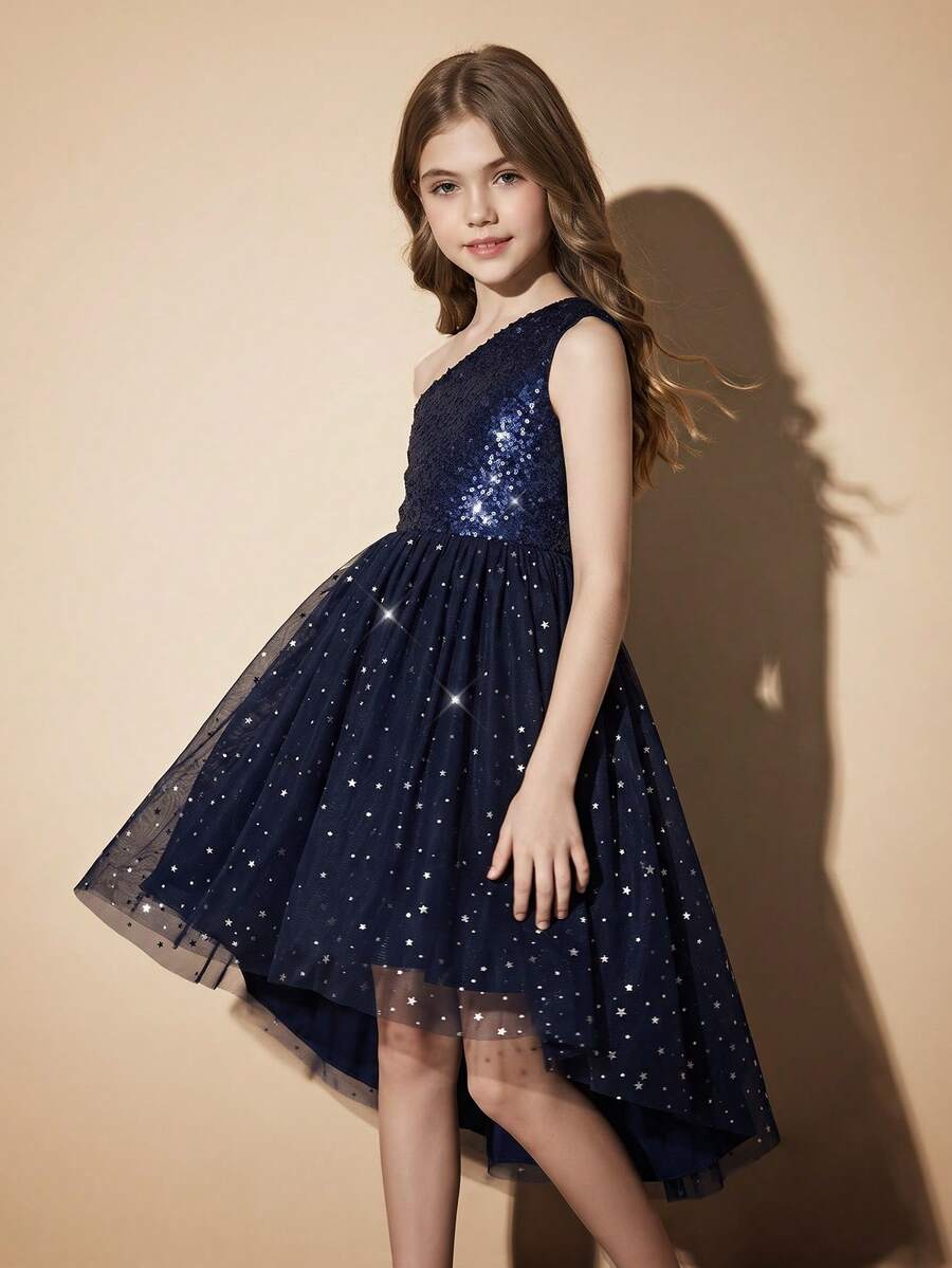 Tween女孩優雅派對返校公主風泡泡袖層次裙洋裝,彈性針織 - 藏蓝色 - 查看 1