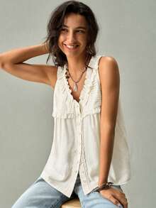 SoleilVie Sleeveless Casual Shirt Vest, V-Neck, Front Pleats And Buttons - Apricot - View 7