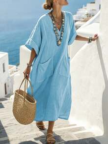 EMERY ROSE Women's V-Neck Pocket Loose Casual Vacation Dress - Blue - View 4