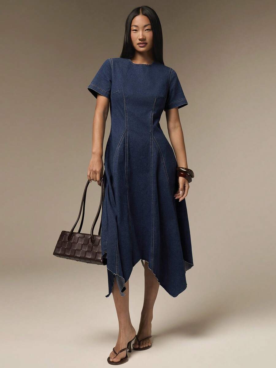 COSMINA Denim 女款秋季時尚不對稱下擺牛仔洋裝,海軍藍休閒度假日常穿搭,優雅早午餐造型 - 藍色 - 查看 1