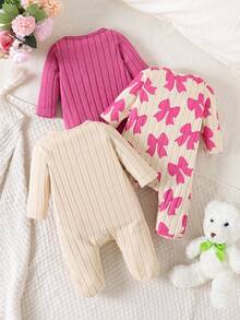 SHEIN Newborn Baby Girl 3-Piece Set Sweet Pink Knitted Romper, All-Over Bow Pattern, With Bow & Letter Print, Bow Decoration, Long Sleeve Design, Snap Closure, Parent-Child Matching Outfit - Multicolor - View 2