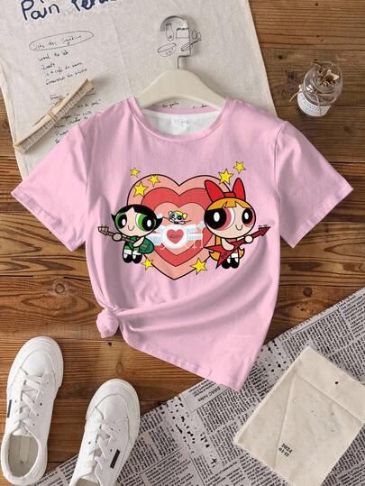 THE POWERPUFF GIRLS X SHEIN 青少年女孩卡通愛心印花短袖T恤