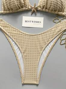 Swim SXY 女款春夏提花布料掛脖金屬裝飾比基尼套裝 - 卡其色 - 查看 7