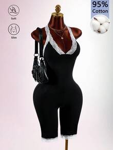 Amplova Jumpsuit Wanita Musim Gugur Elegan Potongan Rendah Katun Murni dengan Renda Kontras Panjang Sedang - Hitam - View 9
