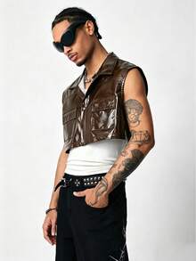 ROMWE MEN Street Life Men's Street Fashion Pocket Button Cropped Vest Jacket - Brown - View 2