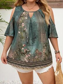 SHEIN CURVE+ Plus Size Women's Floral Print Casual 90s Boho Versatile Everyday Vacation Party Vacation Vacation Outing Shirt Green Summer Vacation - Green - View 7