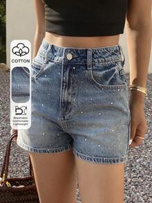 Livesso Tall Shorts vaqueros casuales para mujer con estampado de strass en todo el tejido, para mujeres altas en verano - Azul lavado medio - Ver 2