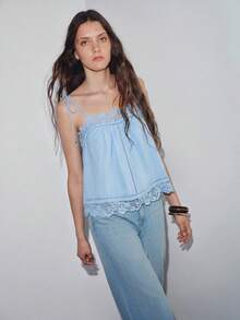 MOTF PREMIUM VACATION ALL COTTON EMBROIDERED LACE PATCHWORK LOOSE CAMISOLE TOP SPRING SUMMER - Blue - View 7