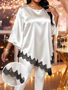 SHEIN Lady 大尺碼女款蕾絲拼接圓領休閒百搭日常穿著襯衫 - 彩色 - 查看 1