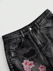 ROMWE MEN Street Life 男士刺繡做舊鈕扣口袋時尚牛仔短褲 - 黑色 - 查看 3