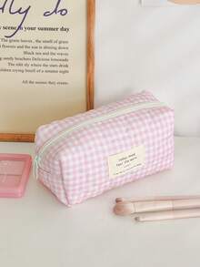 1pc Pink Plaid Quilted Cosmetic Bag – Large Capacity Travel Toiletry Organizer, Makeup Brush Storage Pouch For Vacation - Pink - View 11