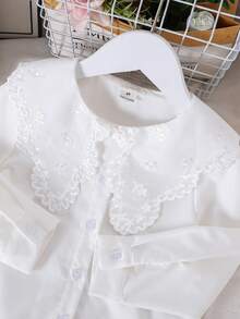 SHEIN 少女可愛溫柔刺繡鈕扣長袖襯衫 - 白色 - 查看 6