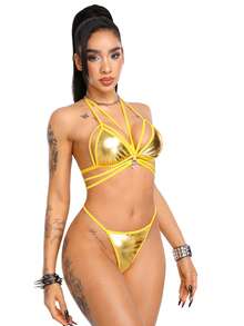 AltBold Women's Colorblock Halter Top And Triangle Panty Sexy Everyday Lingerie Set - Yellow - View 4