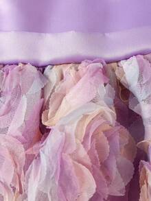 SHEIN Glamorique Kids 女嬰公主洋裝，紫色3D花朵網紗裙，荷葉袖，大蝴蝶結背部設計，生日派對、婚禮節日禮服、舞會洋裝、畢業洋裝、夏季洋裝 - 紫色 - 查看 8