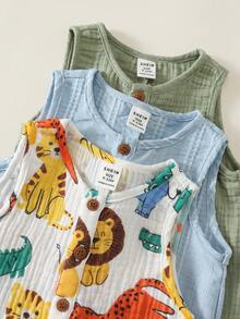 SHEIN 中性新生兒嬰兒男/女童幼兒男童 3件組 春/夏休閒可愛動物印花與純色無袖連身褲短褲套裝，嬰兒夏季衣著 - 黃色 - 查看 4