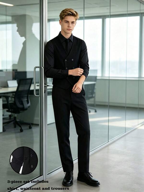 Teen Boy Black 3-Piece Suit: Long Sleeve Shirt + Double-Breasted Vest + Pants. Ideal For Piano/Violin Recitals, Weddings,Graduations,Formal Occasions