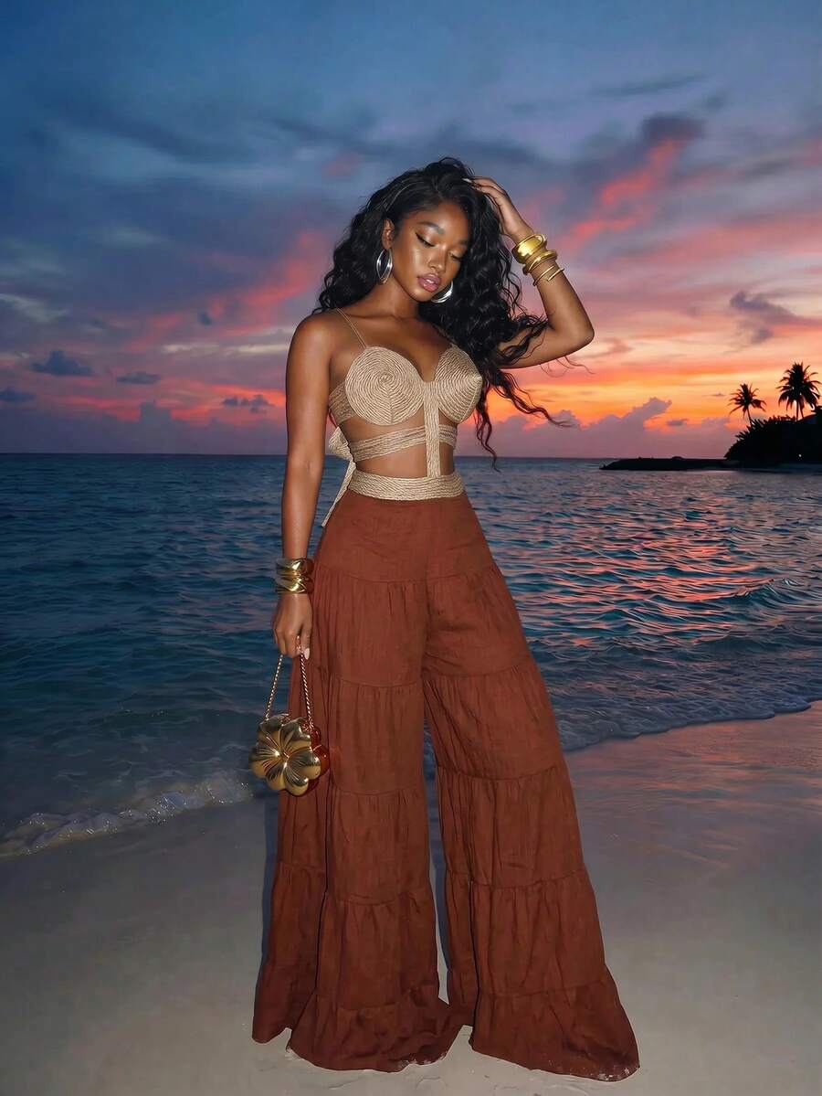 Slaydiva Damen Farbblock Plissee Cut-Out Lässig Urlaubs Cover-Up Jumpsuit Badeanzug Badeanzüge