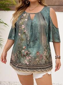 SHEIN CURVE+ Plus Size Women's Floral Print Casual 90s Boho Versatile Everyday Vacation Party Vacation Vacation Outing Shirt Green Summer Vacation - Green - View 4