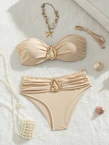 Swim Basics 女士海灘度假休閒全黑可拆卸細肩帶高腰長褲比基尼套裝，附金屬飾品 - 卡其色 - 查看 6